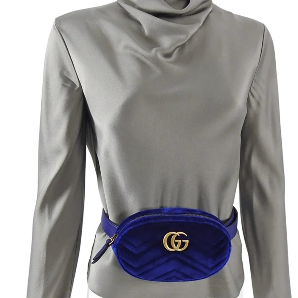 🔴SOLD🔴GUCCI Velvet Matelasse GG Marmont Belt Bag 85 34 Cobalt Blue - Picture 14 of 17